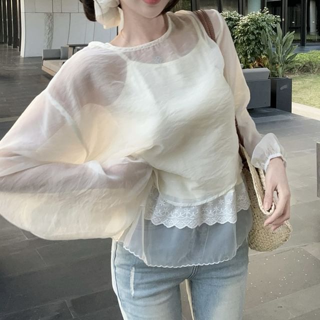 Set: Long Sleeve Crew Neck Plain Sheer Blouse + Cami Top