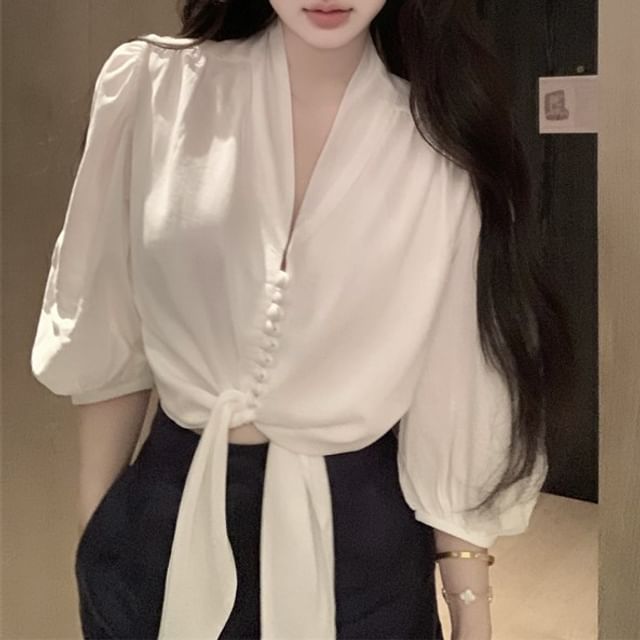 Elbow Sleeve V-Neck Plain Tie Front Blouse