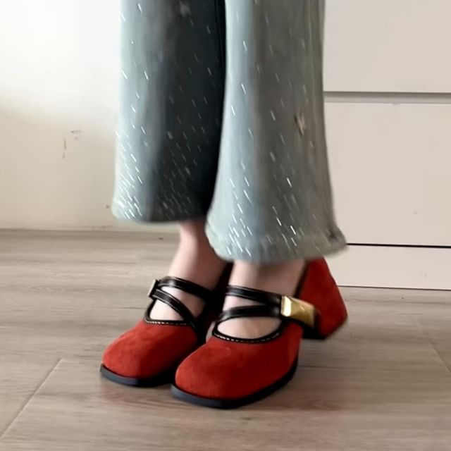 Block Heel Metallic Buckle Mary Jane Shoes