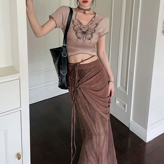 Short Sleeve V-Neck Butterfly Print Crop Tee / Mid Waist Tie-Up Maxi Pencil Skirt