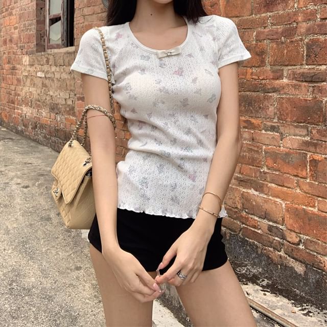 Short Sleeve Round Neck Bow Pointelle T-Shirt