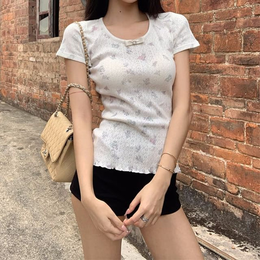 Short Sleeve Round Neck Bow Pointelle T-Shirt