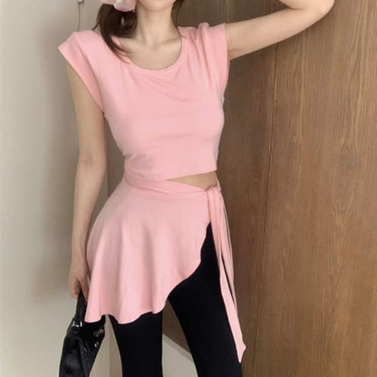 Cap Sleeve Crew Neck Plain Mock Two Piece Asymmetrical T-Shirt / High Waist Plain Flared Pants
