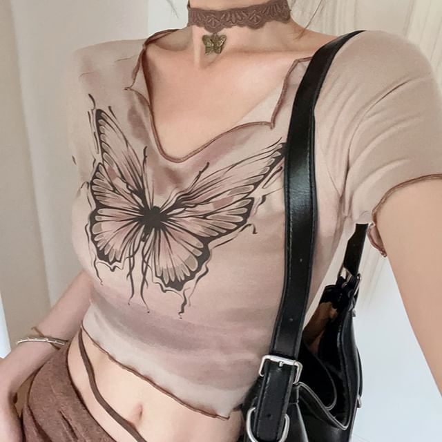 Short Sleeve V-Neck Butterfly Print Crop Tee / Mid Waist Tie-Up Maxi Pencil Skirt