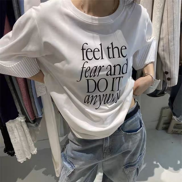 Short Sleeve Round Neck Lettering Print Striped Panel T-Shirt