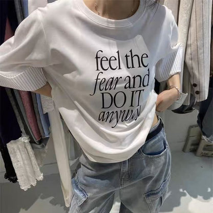 Short Sleeve Round Neck Lettering Print Striped Panel T-Shirt