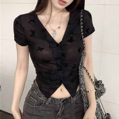 Short Sleeve V-Neck Butterfly Print Button Top