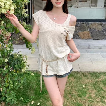 Set: Short Sleeve Cold Shoulder Plain Button Top + Cord Belt