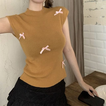Cap Sleeve Crew Neck Bow Knit Top
