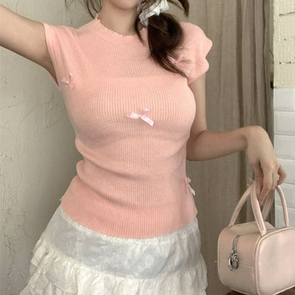 Cap Sleeve Crew Neck Bow Knit Top