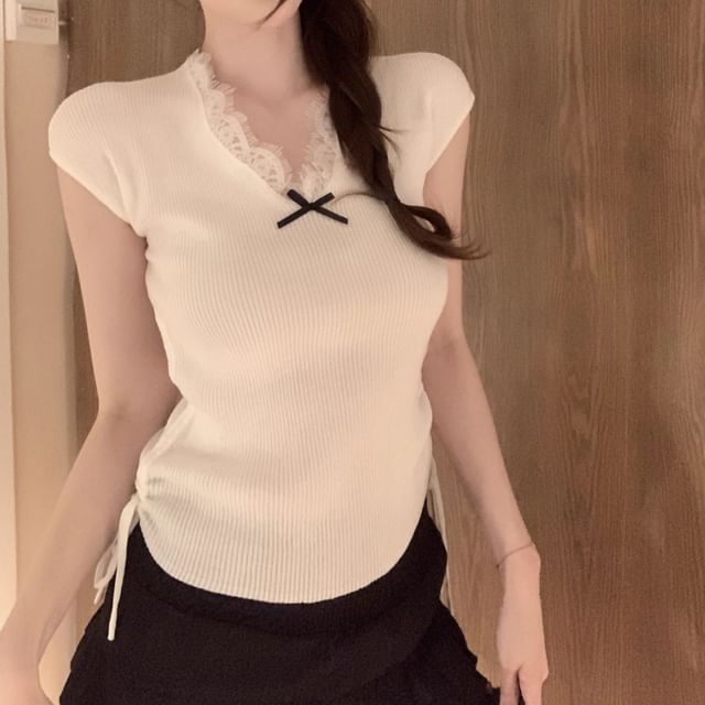 Cap Sleeve V-Neck Plain Bow Lace Trim Knit Top