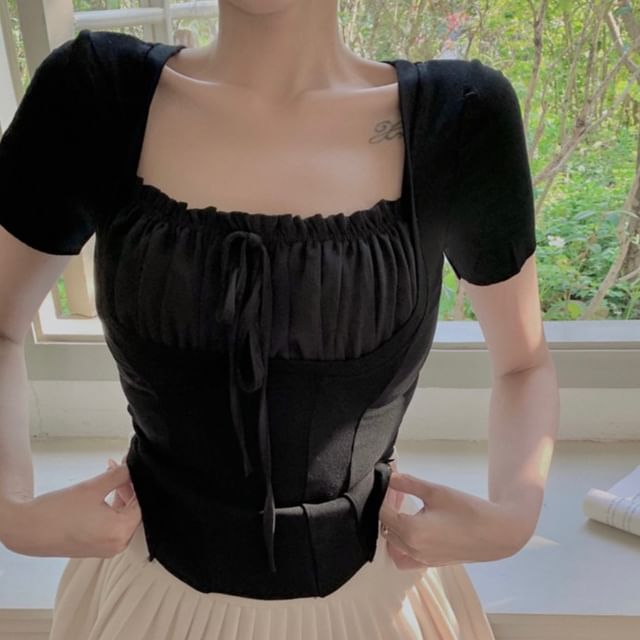 Short Sleeve Square Neck Plain Ruched Mock Two Piece Top