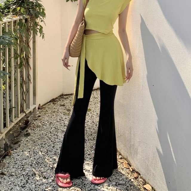 Cap Sleeve Crew Neck Plain Mock Two Piece Asymmetrical T-Shirt / High Waist Plain Flared Pants