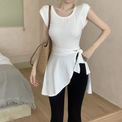 Cap Sleeve Crew Neck Plain Mock Two Piece Asymmetrical T-Shirt / High Waist Plain Flared Pants