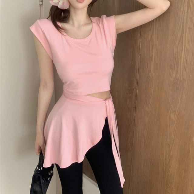Cap Sleeve Crew Neck Plain Mock Two Piece Asymmetrical T-Shirt / High Waist Plain Flared Pants