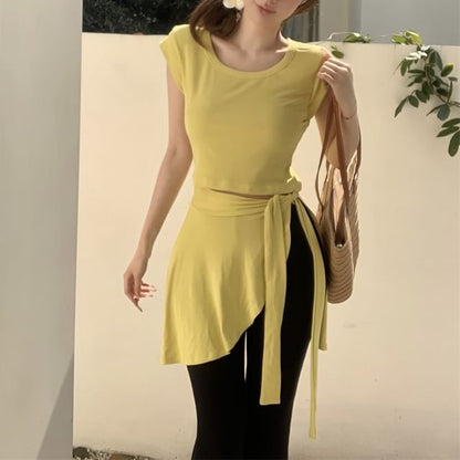 Cap Sleeve Crew Neck Plain Mock Two Piece Asymmetrical T-Shirt / High Waist Plain Flared Pants