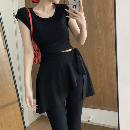 Cap Sleeve Crew Neck Plain Mock Two Piece Asymmetrical T-Shirt / High Waist Plain Flared Pants