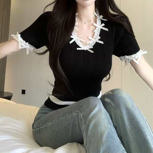 Cap-Sleeve V-Neck Bow Accent Plain Top