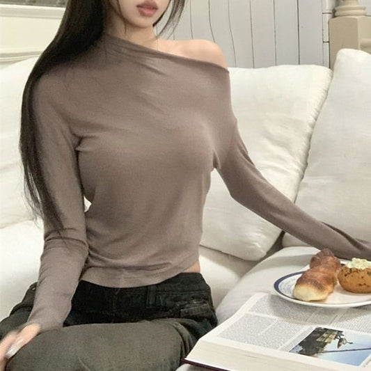 Long-Sleeve Off Shoulder Plain Crop Top
