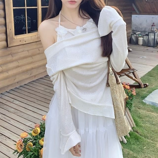 Mock Two-Piece Long-Sleeve Plain Top / High Rise Maxi A-Line Skirt