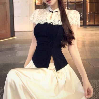 Short-Sleeve Two Tone Asymmetrical Top / High Waist Maxi A-Line Skirt