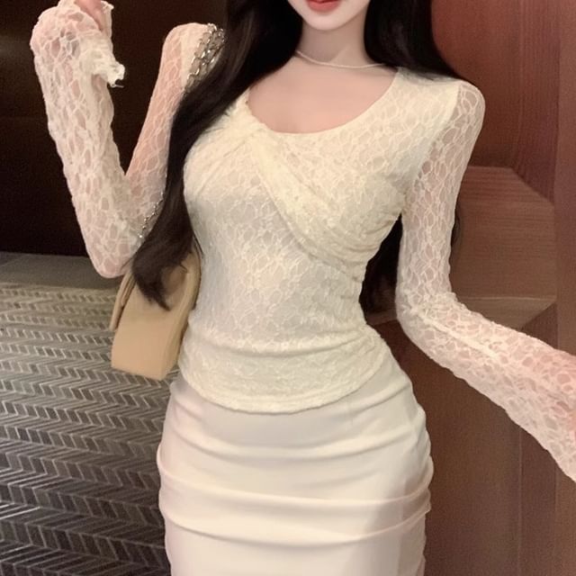 Long-Sleeve U-Neck Lace Top