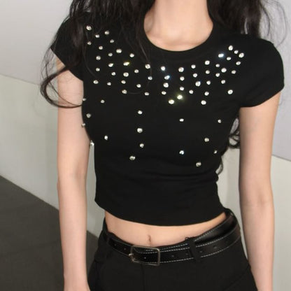 Short-Sleeve Crewneck Rhinestone Crop Tee