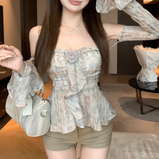 Long-Sleeve Off Shoulder Floral Print Crop Top