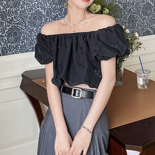 Puff-Sleeve Off Shoulder Plain Crop Blouse