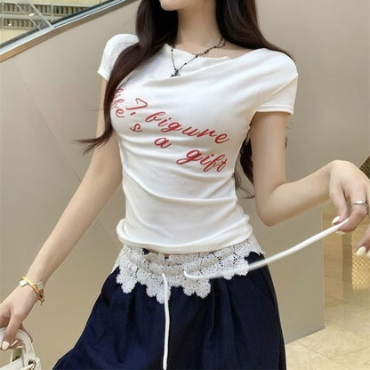Short-Sleeve Lettering T-Shirt / Lace Waistband Wide Leg Pants