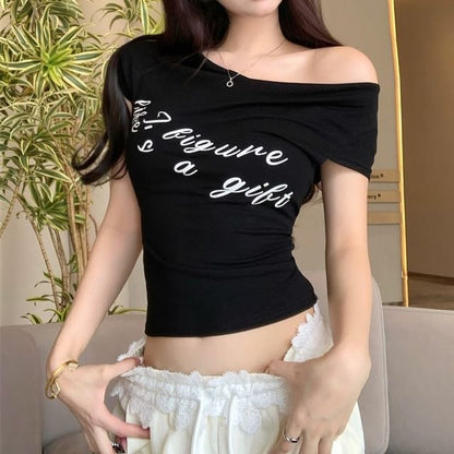 Short-Sleeve Lettering T-Shirt / Lace Waistband Wide Leg Pants