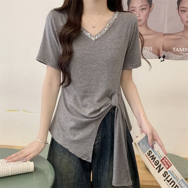 Short-Sleeve V-Neck Lace Trim Asymmetrical Plain Top