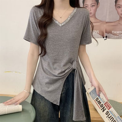 Short-Sleeve V-Neck Lace Trim Asymmetrical Plain Top