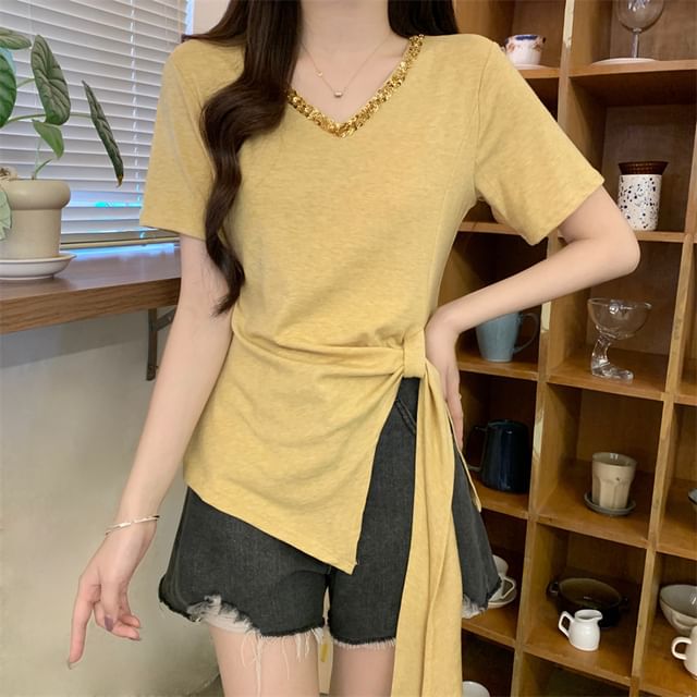 Short-Sleeve V-Neck Lace Trim Asymmetrical Plain Top