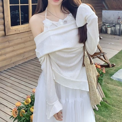 Mock Two-Piece Long-Sleeve Plain Top / High Rise Maxi A-Line Skirt