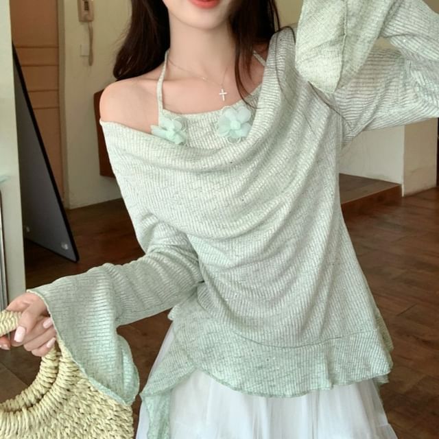 Mock Two-Piece Long-Sleeve Plain Top / High Rise Maxi A-Line Skirt