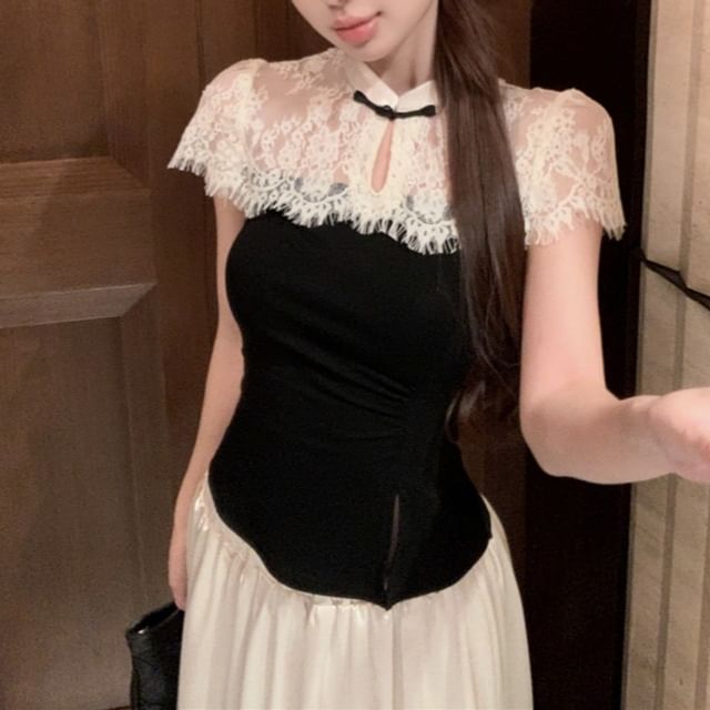 Short-Sleeve Two Tone Asymmetrical Top / High Waist Maxi A-Line Skirt