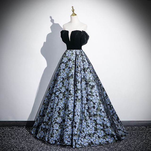 + Evening Sleeves Floral A-Line Jacquard Set: Gown Arm Strapless