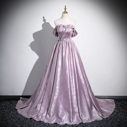 Off-Shoulder Ruched Gown Metallic Ball Cutout