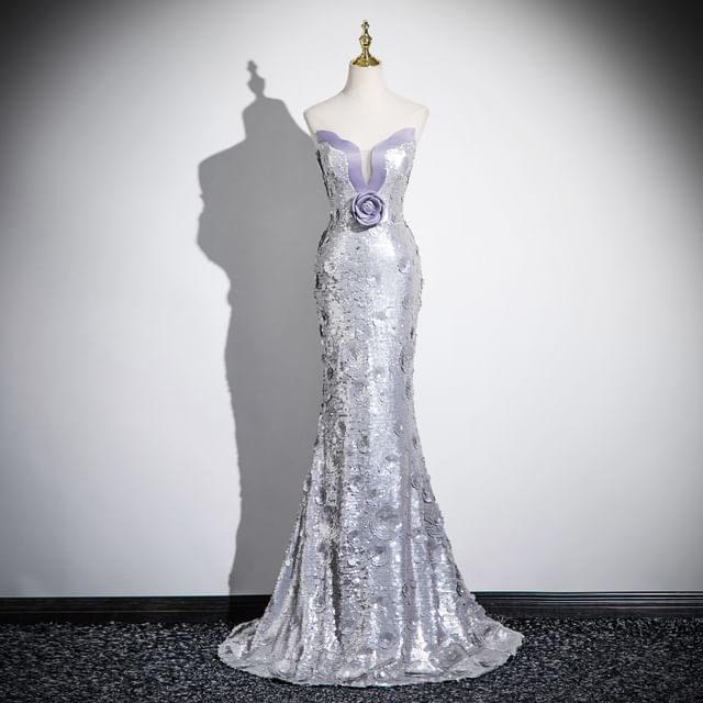 Strapless Sequin Floral Accent Mermaid Evening Gown