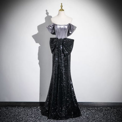 Off-Shoulder Accent Gown Bow Sequin Mermaid Evening Short-Sleeve