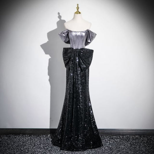 Off-Shoulder Accent Gown Bow Sequin Mermaid Evening Short-Sleeve