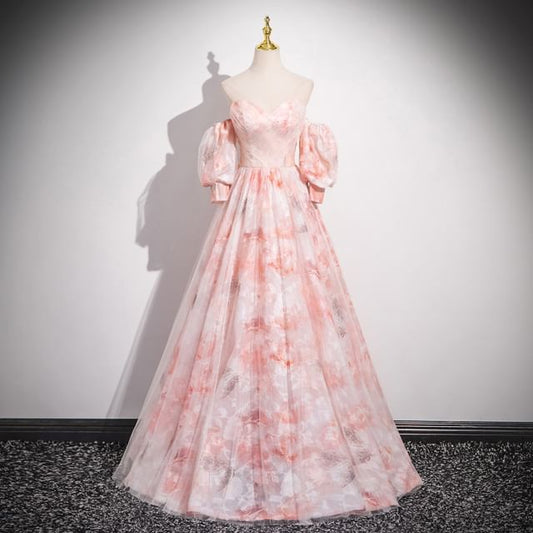 Gown Arm Strapless Floral A-Line Set: Sweetheart Evening Print Sleeves Neckline +