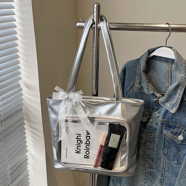 Panel Tote PVC Leather Faux Bag Plain