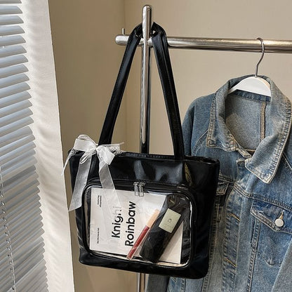 Panel Tote PVC Leather Faux Bag Plain