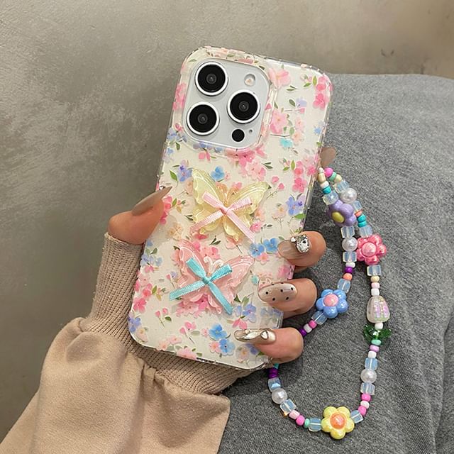 Floral Phone Case / Ribbon Adhesive Decoration / Strap / Set