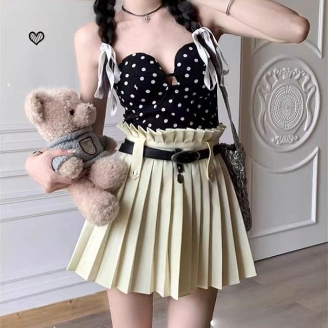 High Rise Plain Belted Pleated Mini A-Line Skirt