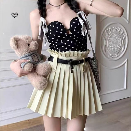 High Rise Plain Belted Pleated Mini A-Line Skirt