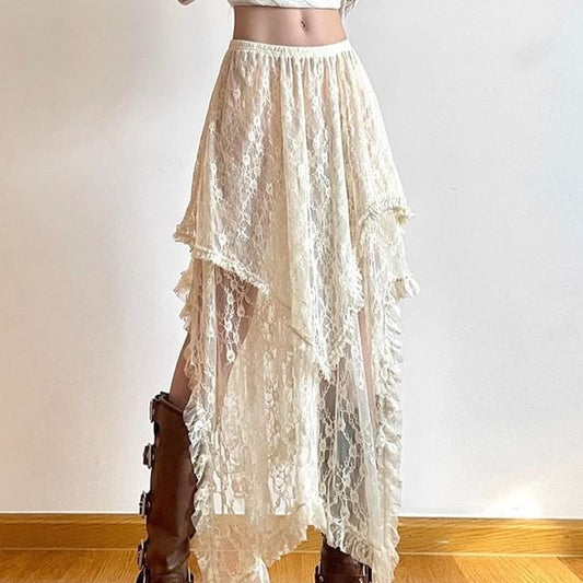 High Rise Plain Lace Midi A-Line Skirt