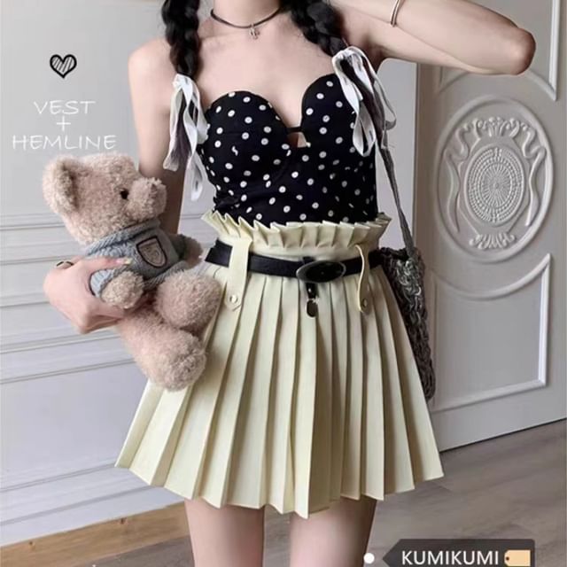 High Rise Plain Belted Pleated Mini A-Line Skirt